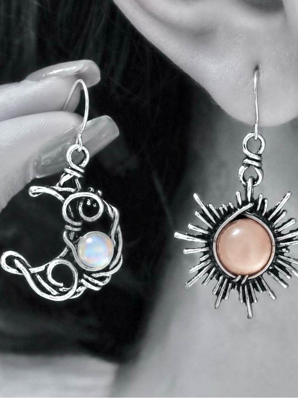 Bohemian Astrology Sun Moon Silver Wire Wrapped Celestial Stone Mismatch Dangles - Picture 6 of 8